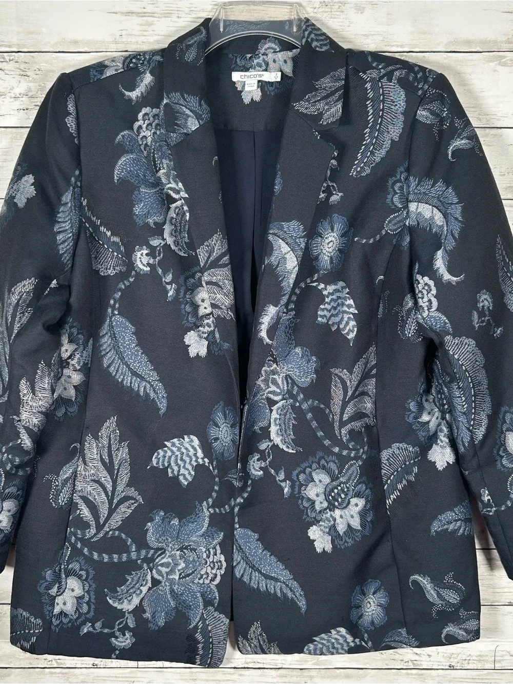 Chico’s Floral Jacquard Navy Jacquard Office Evening Jacket 3= XL NEW